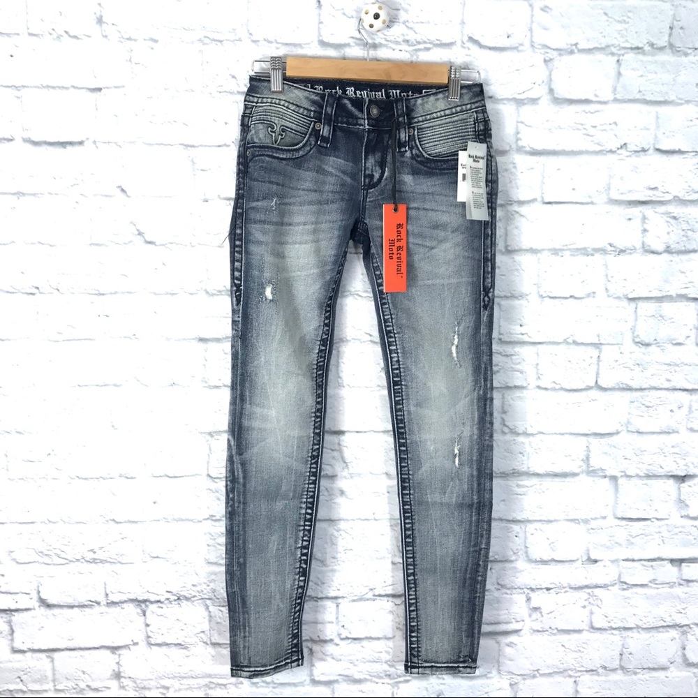 NWT Rock Revival Moto Moon Distressed Skinny Jean